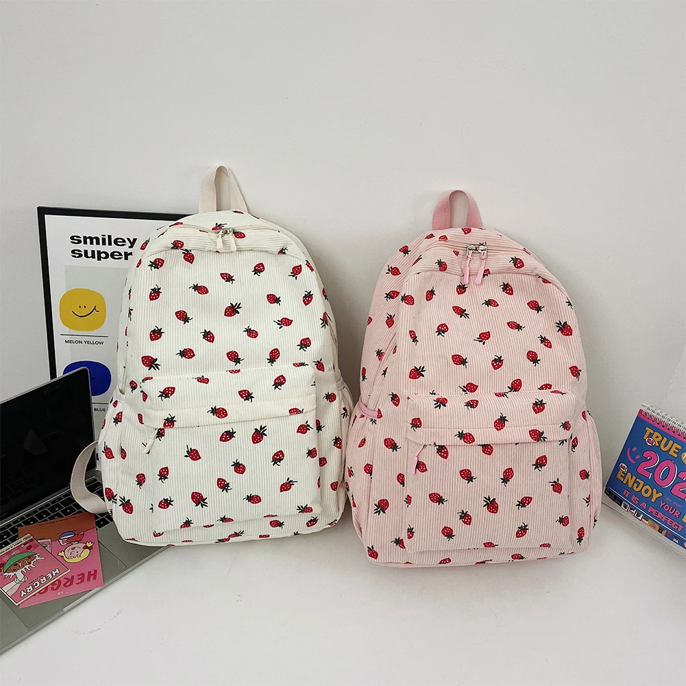 Corduroy Strawberry Backpack Daily Rucksack Large Capacity Trendy Book Bag Multi-pockets Adjustable Strap for Outdoor Travel 1