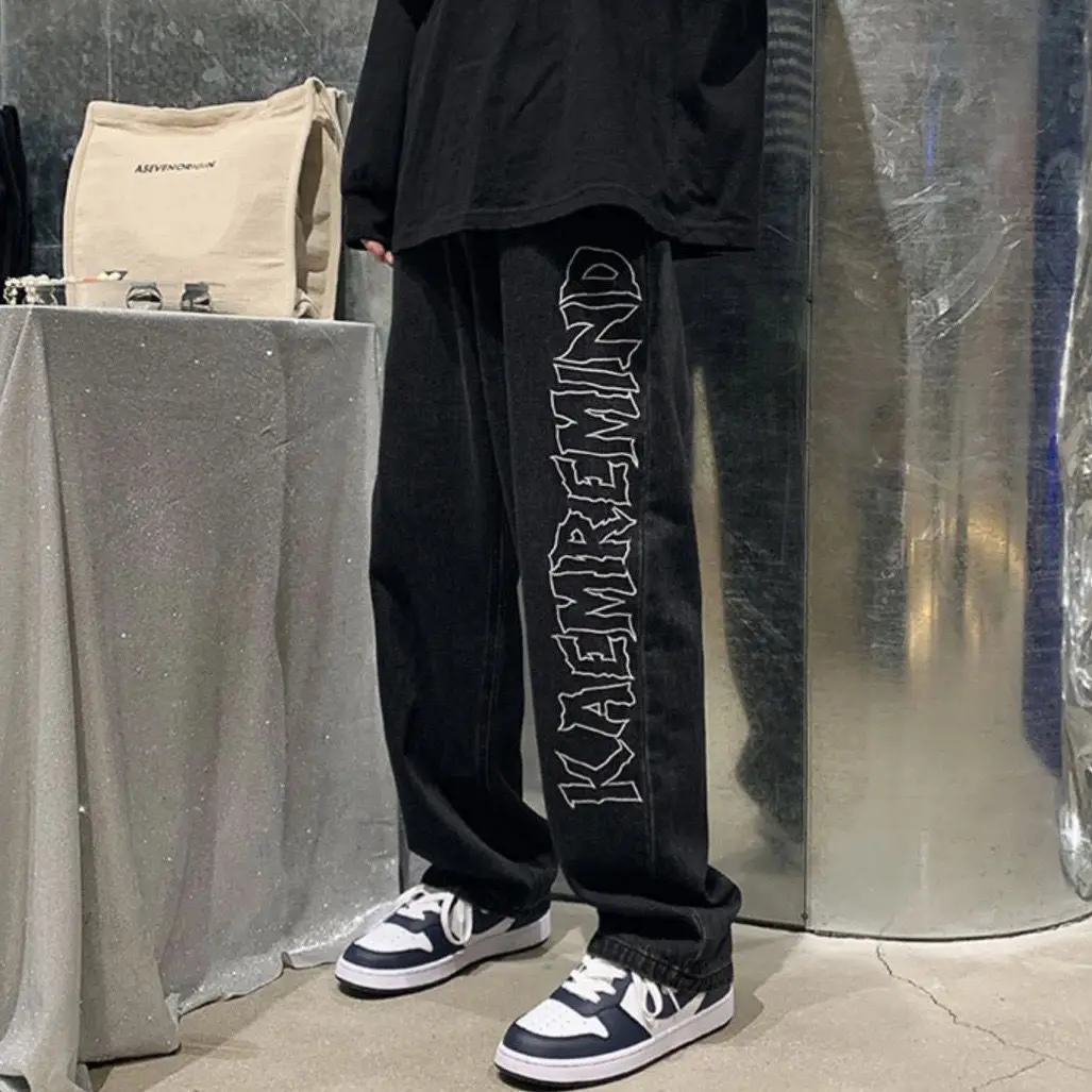 Men's Women Hip Hop Male Black Printed Y2K Baggy Jeans Man Retro Vintage Denim Pants Straight Trousers Wide Leg Pants For Men