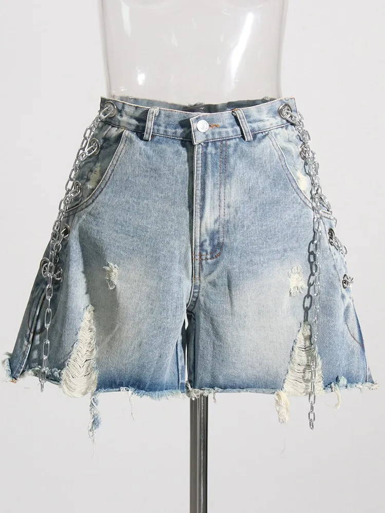 KBQ Hollow Out Spliced Chain Shorts For Women High Waist Patchwork Raw Hem Solid Streetwear Loose Denim Short Trousers Female