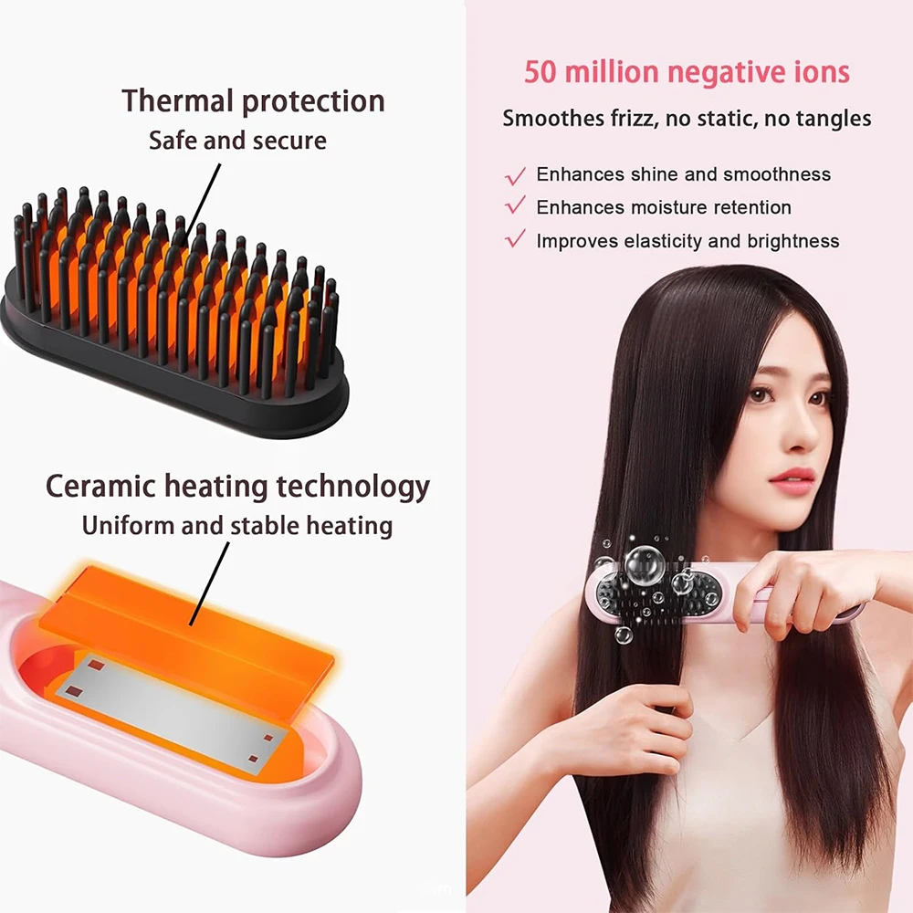 Portable Electric Hair Brushes Wireless Hair Straightener Brush Mini Electric Straightening Comb Negative Ion Thermal Comb
