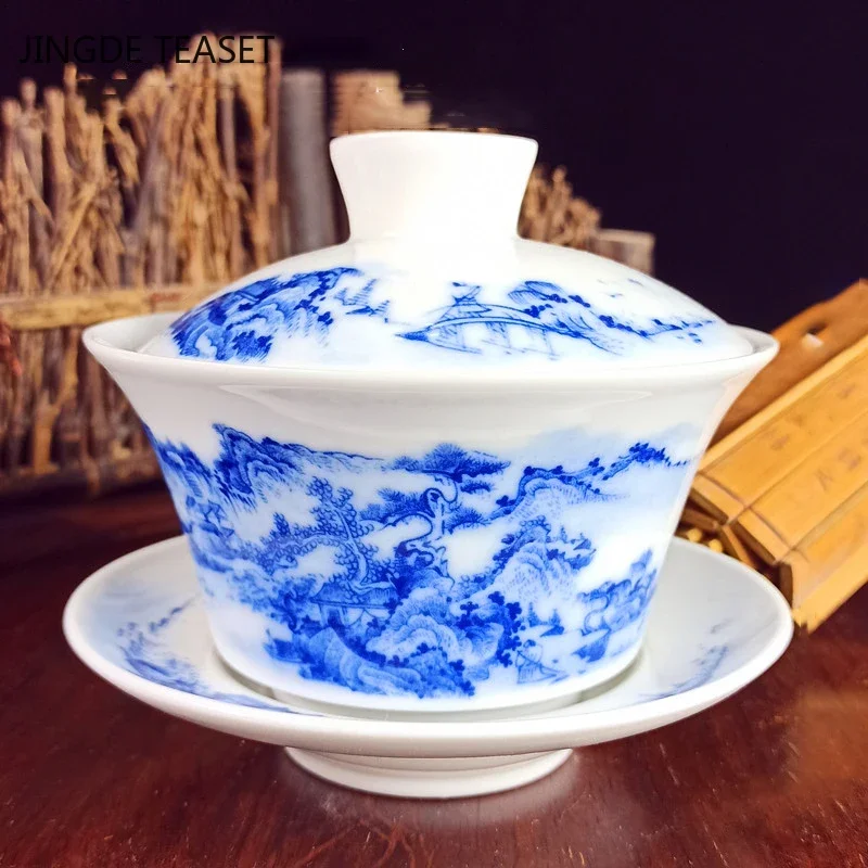 Jingdezhen Ceramic Gaiwan Flower pattern Teacup Handmade Tea tureen Chinese White porcelain Tea set Accessories Tea Ceremony