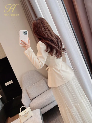 H Han Queen 여성용 우아한 한국 레이스업 패션 블레이저 + 롱 메쉬 스커트, 캐주얼 이브닝 파티 2 종 세트, 가을 신상 스커트 2