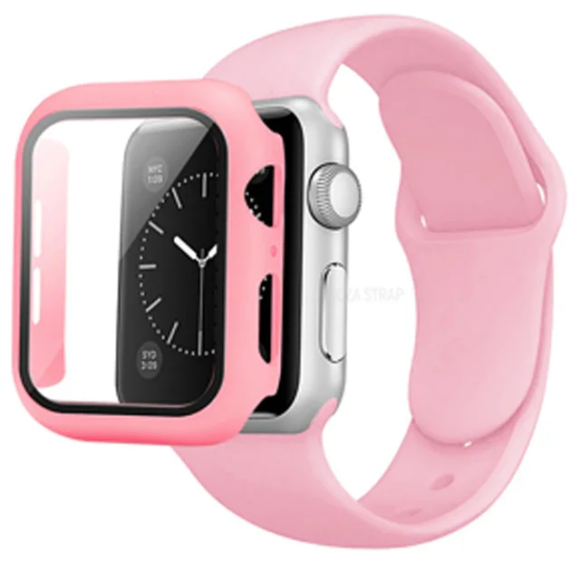 Strap+Case Set for Apple Watch Band 44mm 40mm iWatch band 42mm 38mm Silicone Bumper+Bracelet for Apple Watch series 4 3 5 SE 6 7 Girly pink 33