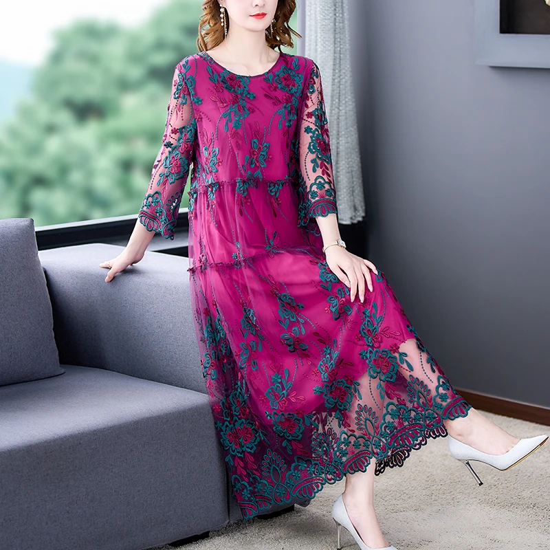 

Women Spring Summer Dress Retro Court Style Embroidered High Dress Round Neck Slim Fashion Luxury Dress Feminine Dress