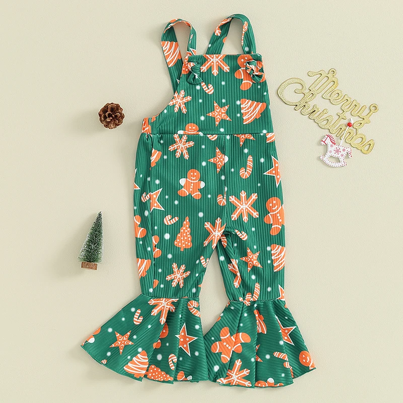 

Toddler Baby Girl Christmas Bell Bottoms Jumpsuit Gingerbread Man Sleeveless Romper Jumpsuit Flared Pants Overalls