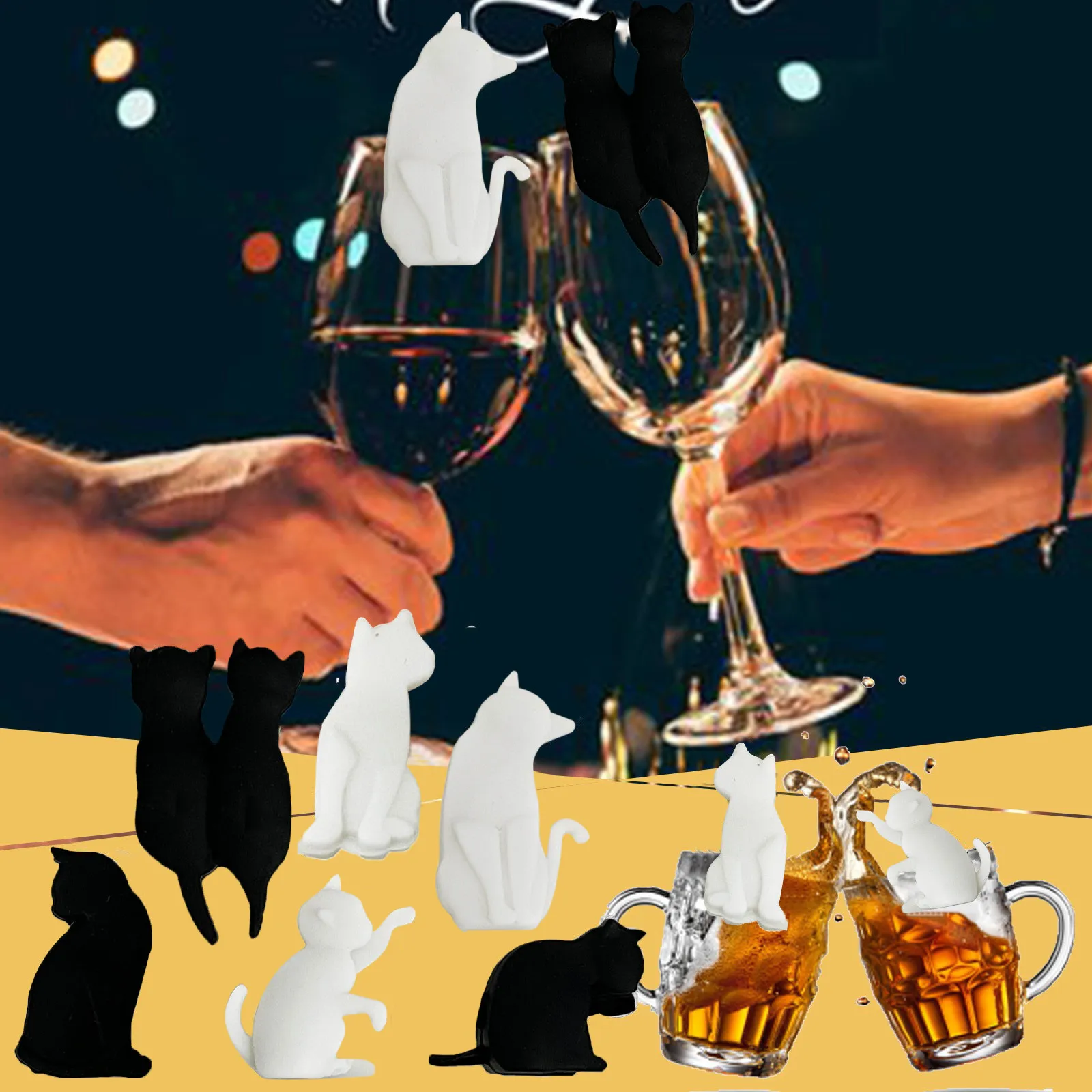 

Cat Animal Wine Drink Silicone Glass Cat Markers Charms Kitty 6pcs Markers Kitchen，Dining Bar Food Storage for Pantry