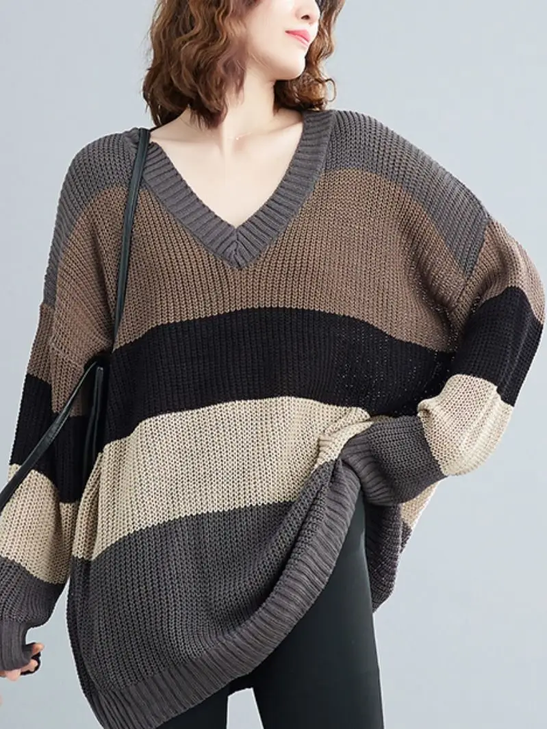 

New Autumn And Winter Striped Stitching Contrast Color Sweater Women's Loose Casual V-neck Oversized And Comfortable Top Trendy