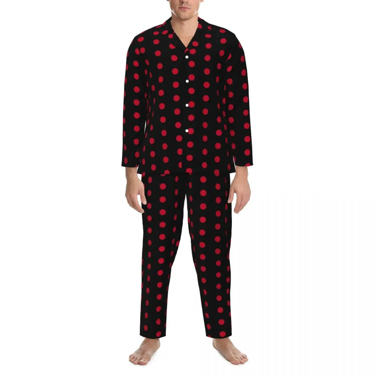 

Black With Red Polka Dot Pajamas Men Dotted 70S Vintage Soft Home Sleepwear Autumn 2 Pieces Aesthetic Oversized Design Home Suit