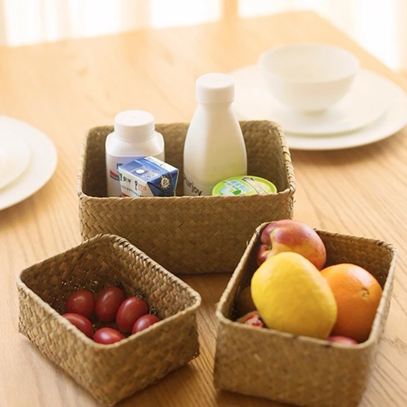 Wicker Storage Basket Picnic Basket Woven Laundry Basket Sundries Organizer Kitchen Fruit Organizer Seaweed Box cesta decorativa 3