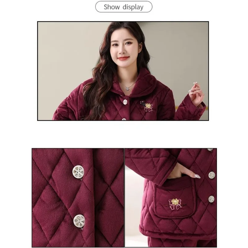 Middle Age Elderly Coral Velvet Pajama Ladies Winter Thick Fleece Sleepwear Three-layer Padded Cotton Mom Flannel Loungewear Set
