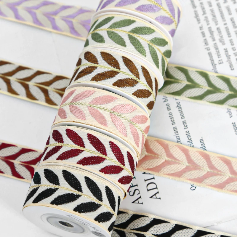 4.5meters/roll 25mm printed embroidered leaf ribbon holiday gift ...