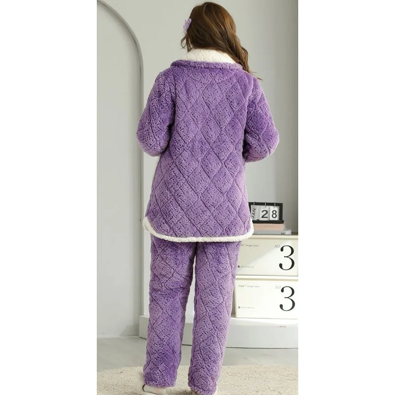 2023 New Coral Velvet Pajamas Women Padded Three-layer Cotton Sleepwear Autumn Winter Purple Western-style Warm Homewear Suit
