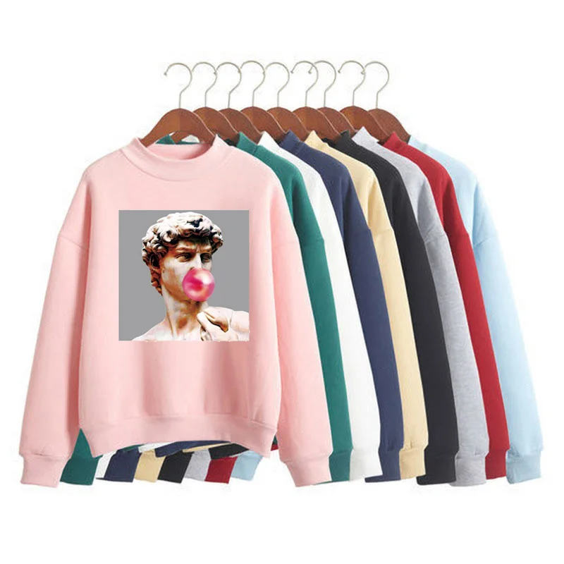 

David Michelangelo Printed Hoodies Women statue bubble gum funny picture O Neck Loose Sweatshirt Women Hoodie Pullovers Autumn