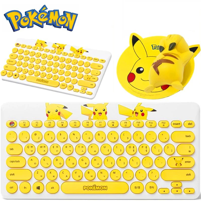 

2022 Kawaii Pokemon Pikachu Wireless Bluetooth Mouse Keyboard Computer Peripheral Anime Cartoon Office Supplies Kids Toys Gift