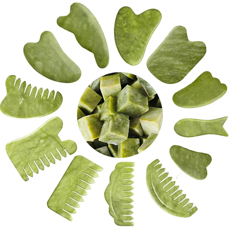 Natural Green Xiuyu Jade Gua Sha Board Set Gouache Scraper For Body SPA Acupuncture Acupoint Facial Lifting Scraping Massager 5