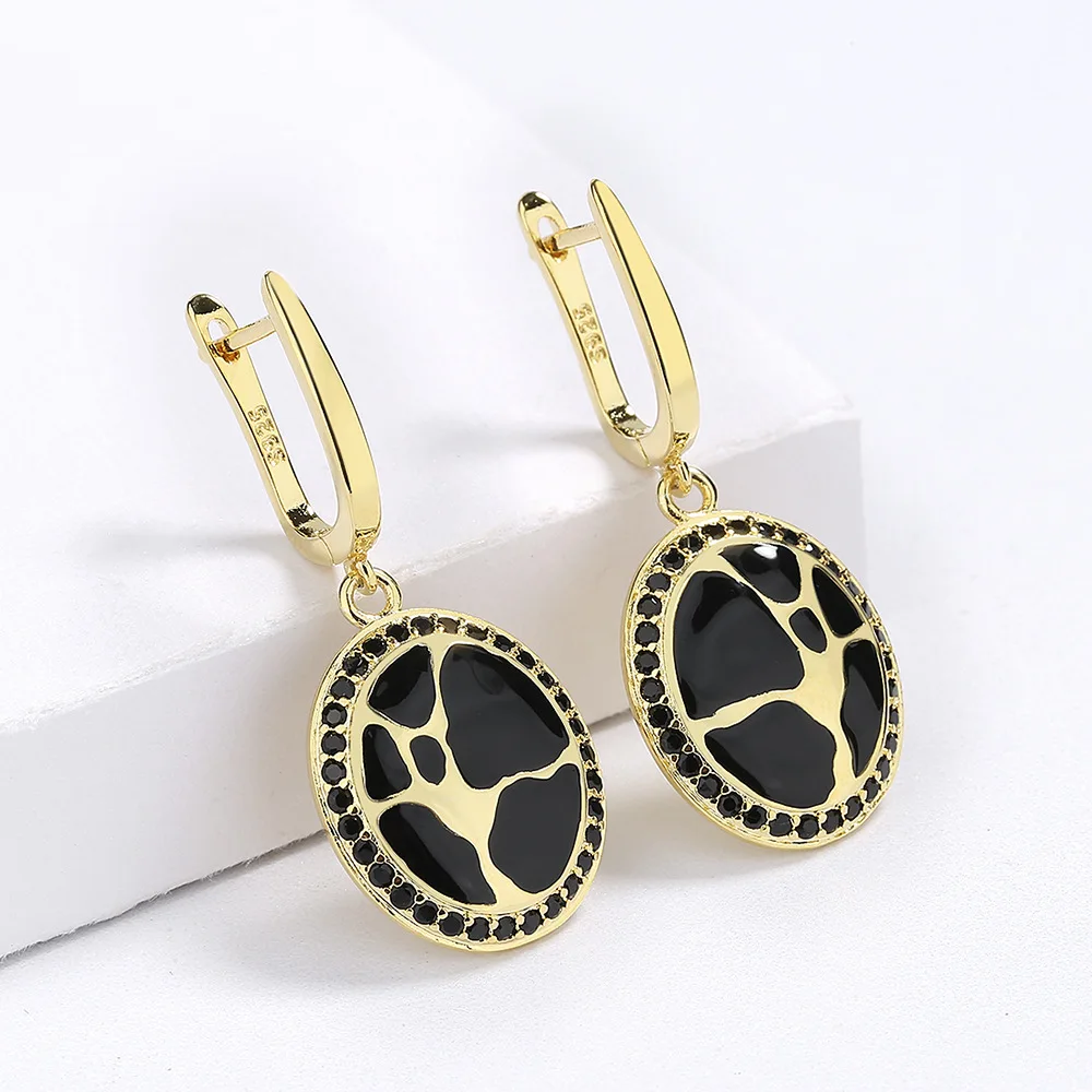 Exquisite Hand-made Enamel Dangling Earrings for Women Sterling Silver Black Spinel Yellow Plated Oriental Enamel Fine Jewelry
