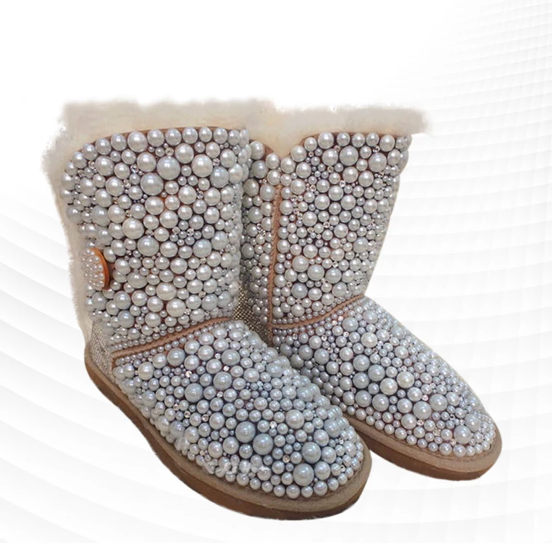 

Luxury pearl rhinestones fashion design sense buckle snow boots fur one thick warm non-slip cotton shoes popular with cashmere w