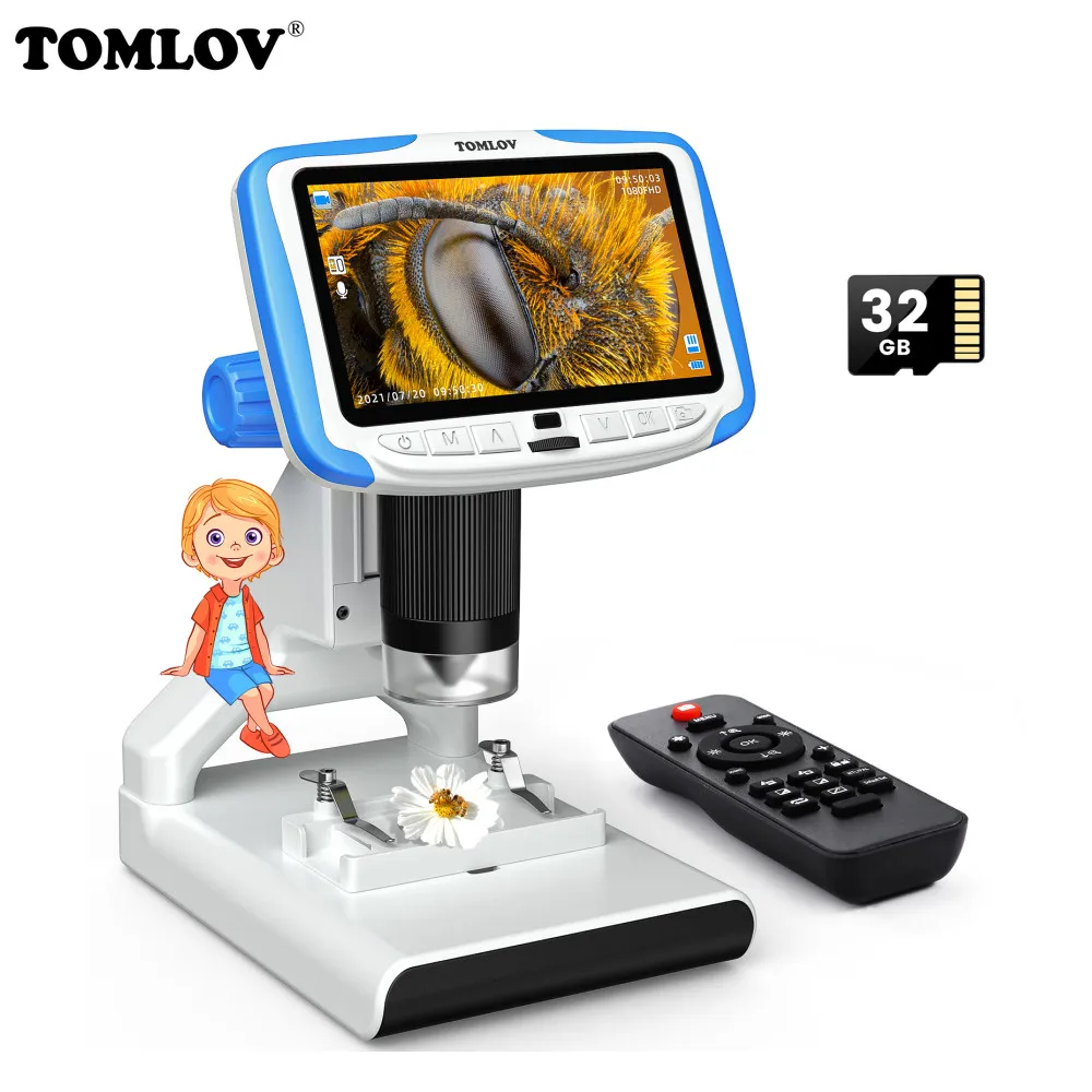 TOMLOV Digital Microscope 5&quot LCD 1080P Video Recorder 200X Magnification Wireless IR Remote 8 LED 2M Child Camera microscopio |