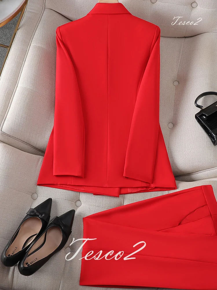 Tesco Office Lady Pantsuit Long Sleeve Blazer Suit +Pencil Pants Solid Women's Outfits 2 Piece For Business conjunto femininos