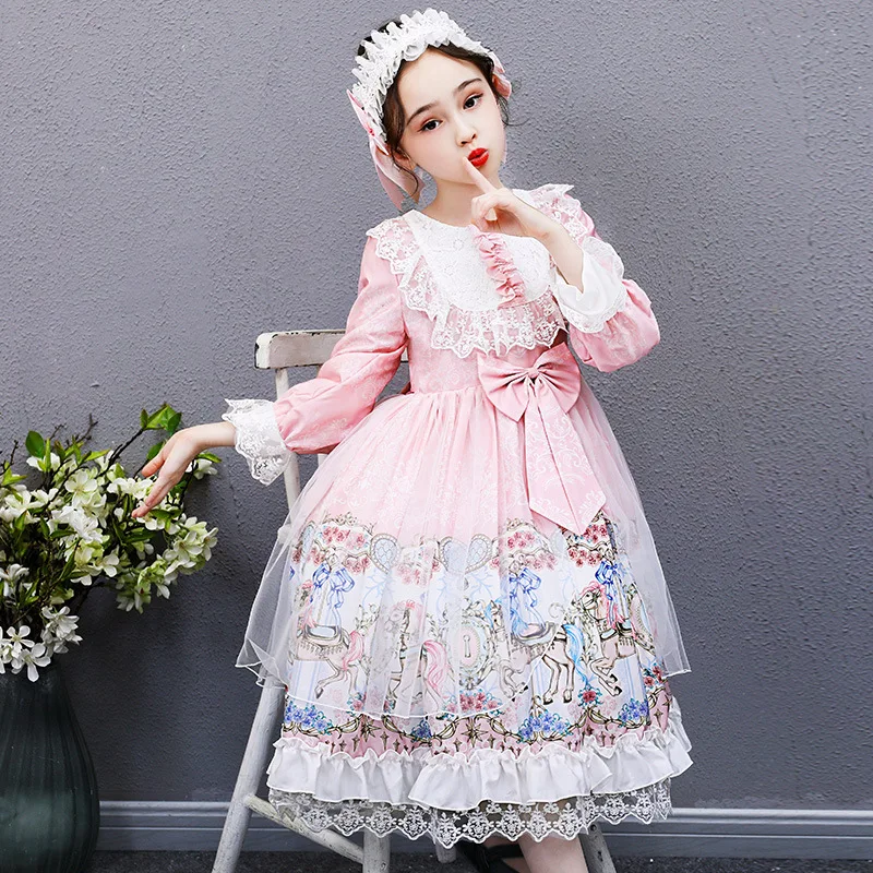

New Girls Dress Spring Autumn Lolita Bow Decorate Cartoon Animal Pattern Party Custom Kids Princess Dress For 5-15 Years Old