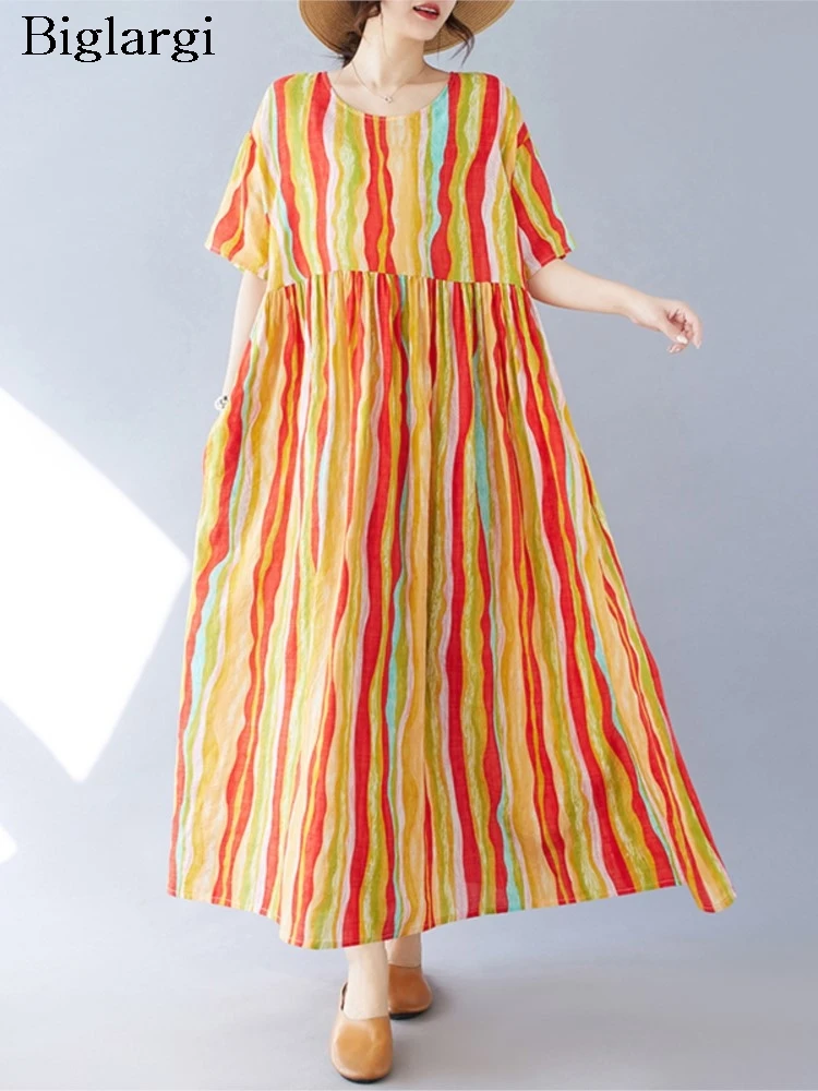 

Oversized Bohemian Style Striped Print Summer Long Dress Women Ruffle Fashion Loose Pleated Ladies Dresses Casual Woman Dress