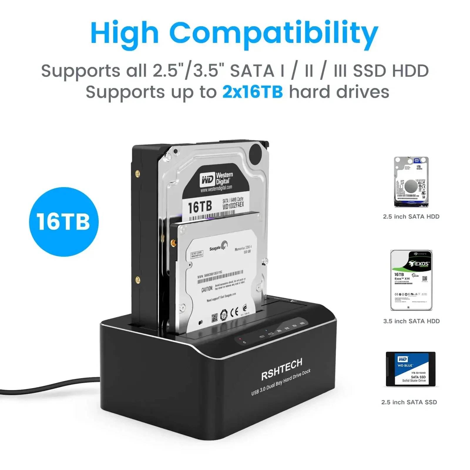 RSHTECH Hard Drive Docking Station Aluminum Dual Bay for 2.5/3.5 Inch SATA I/II/III HDD SSD Support 2x 16TB Hard Drives