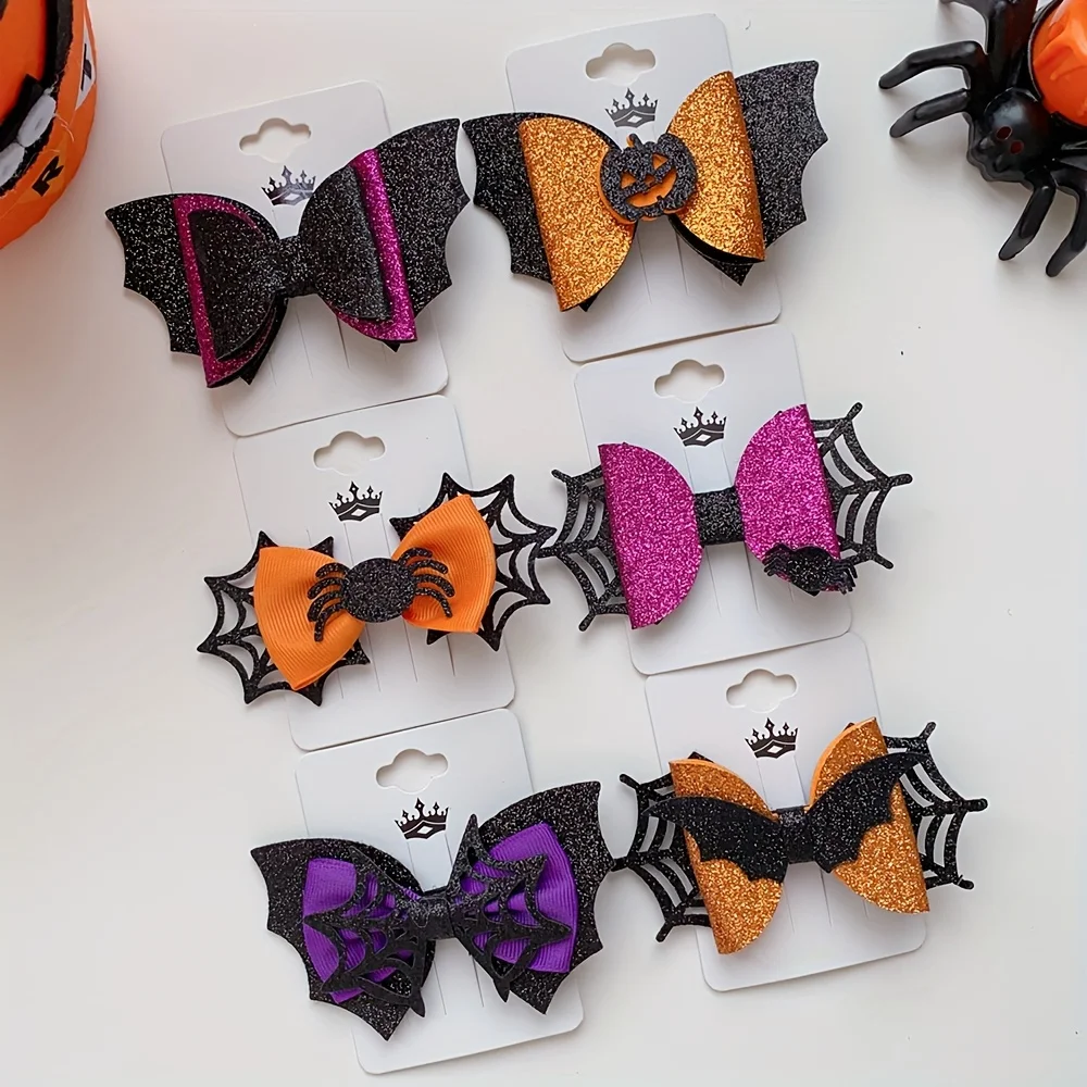 6 Pieces Halloween Elements Colorfulful Bow Pumpkin Hairpins Suitable for Girls