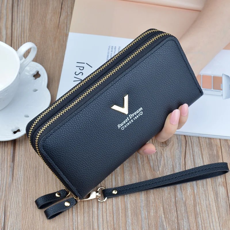 Women Double Zipper Long Wallet Large Capacity Lady Coin Purse Cell Phone Bag Credit Cards Holder Money Clutch Solid PU Leather 5