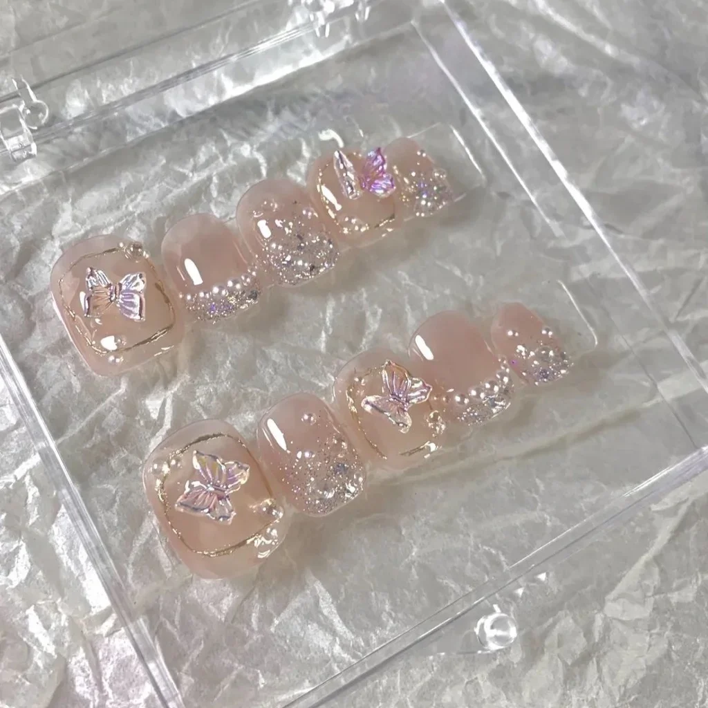 인어 진주 수제 착용 손톱 짧은 손톱 요정 오로라 가짜 손톱 네일 아트 활 수제..