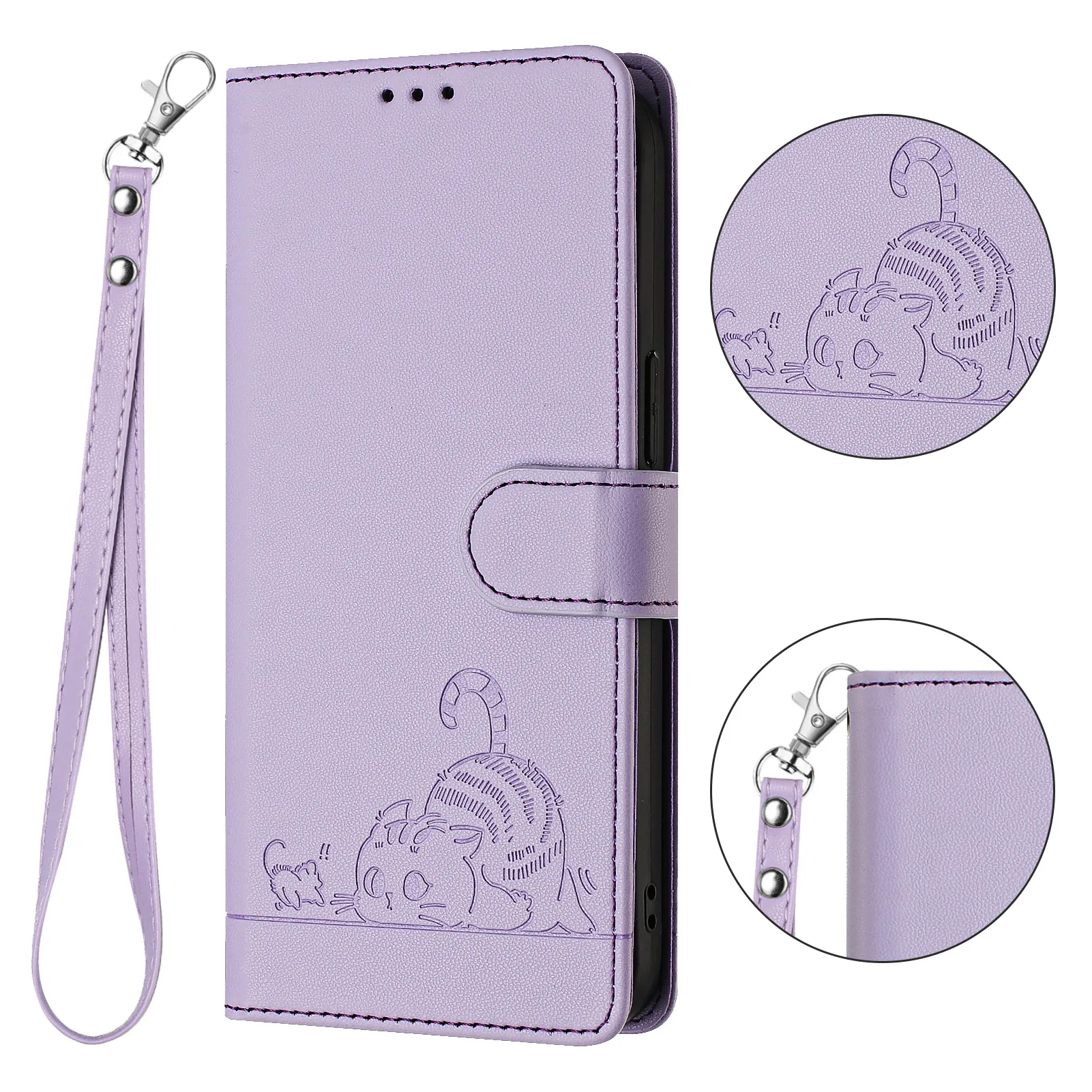 Cat Leather Phone Case Wallet with Wrist Strap and Flip Cover