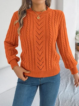 Autumn and Winter Casual Solid Color O-Neck Hollow Out Long Sleeved Pullover Sweater 1