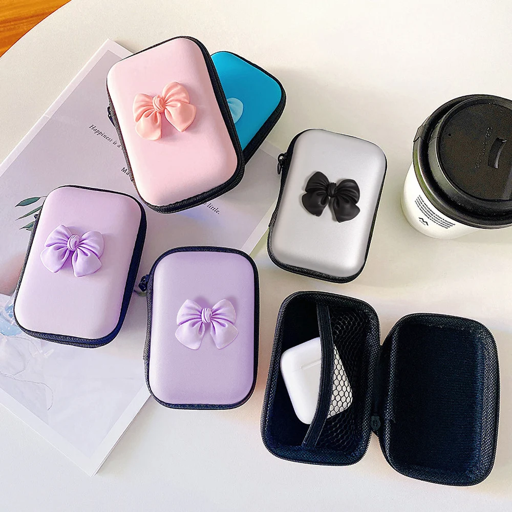 Storage Bag Travel Storage Bag Portable Charging Case USB Data Cable Organizer Headset Cable Bag Square Zipper With 3D Love Bow Pattern storage bag