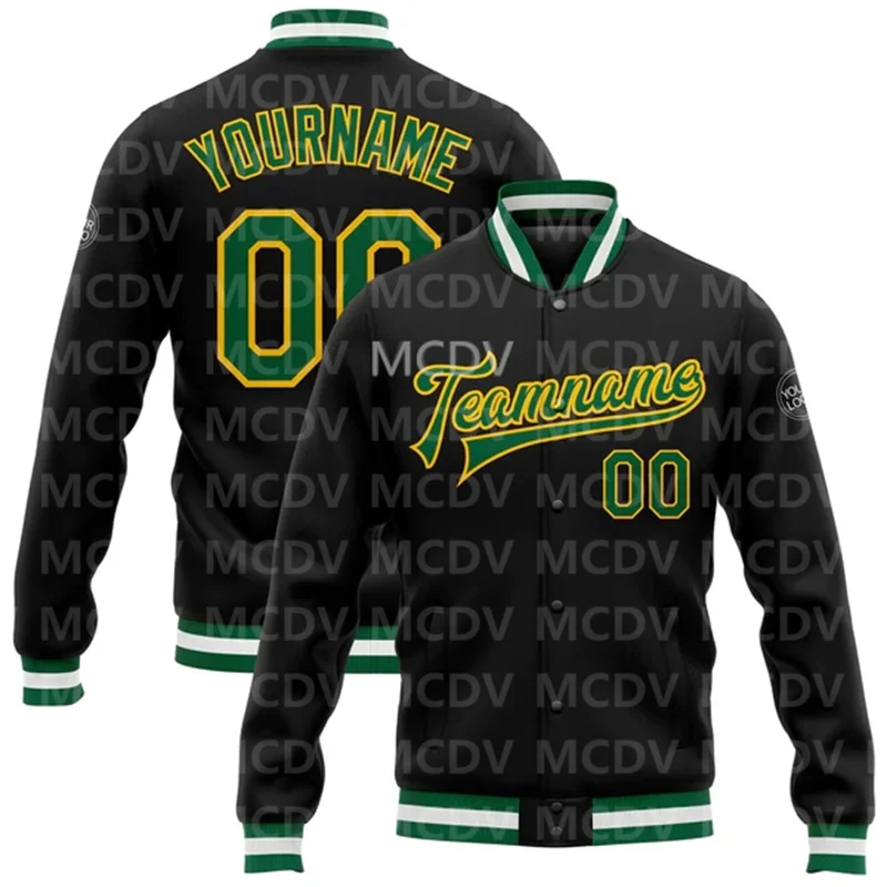 Custom Black Kelly Green-Yellow Bomber Full-Snap Varsity Letterman Jacket   Baseball Button Jacket