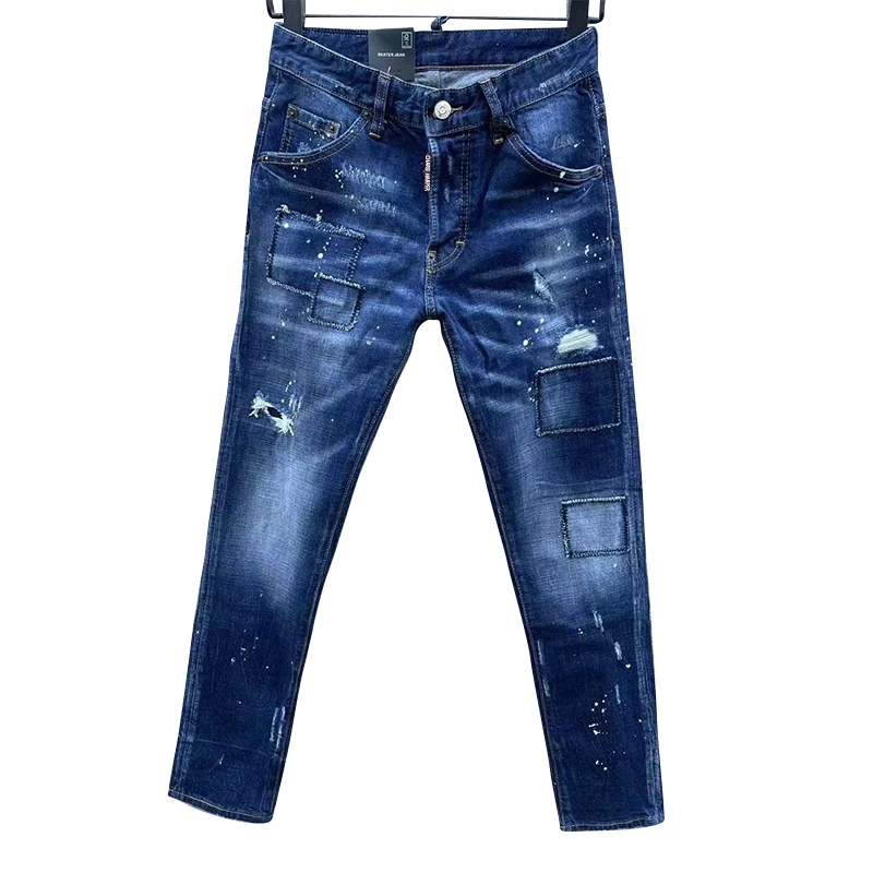 100 chareiharper c061 Men's jeans ripped fabric ground white patchwork paint splash vintage blue jeans