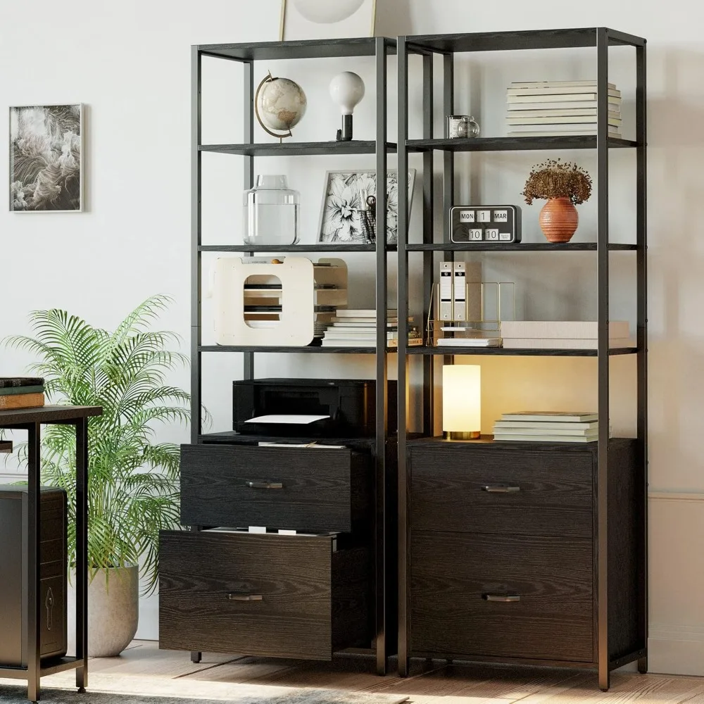 Industrial Bookcase with File Cabinet Drawers Freestanding Storage Home Office Cabinet Organizer