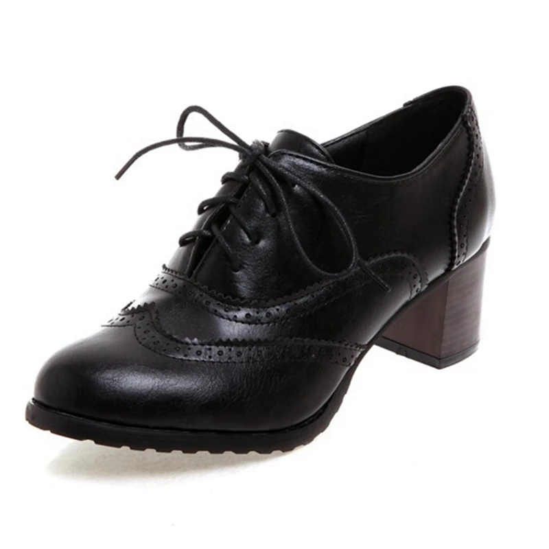 Women Pumps Round Toe 5.5cm Wood Heels Platform Brogue Retro Lace-Up
