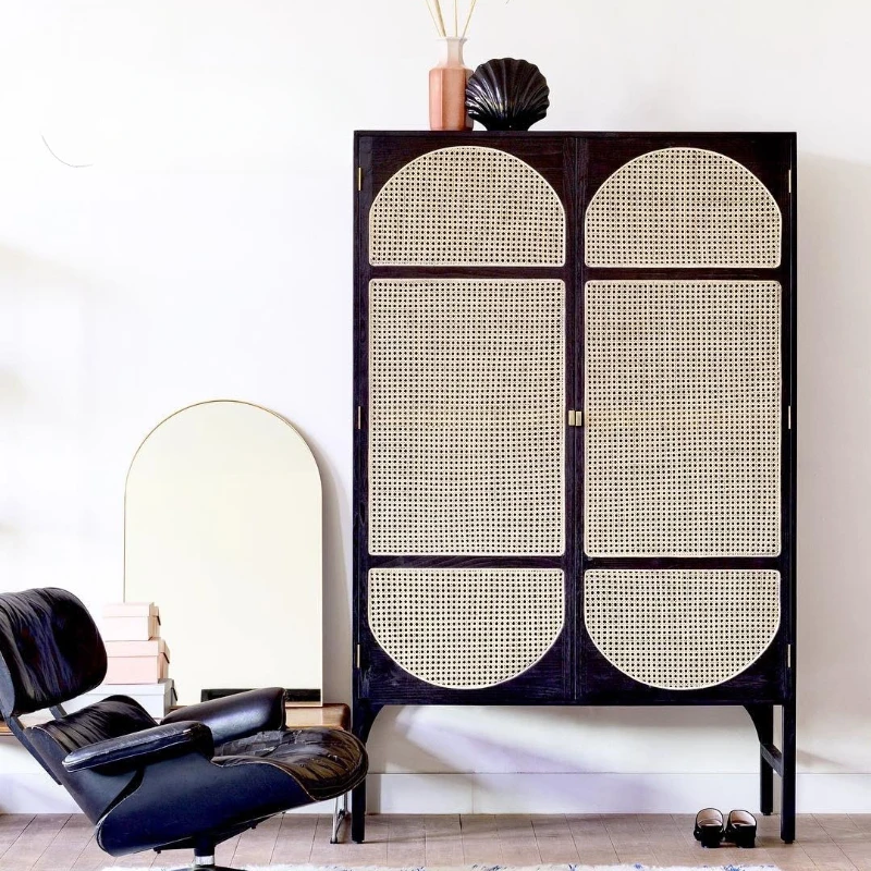 Solid wood rattan cabinet, medieval bedroom homestay decorationwardrobe, minimalist ins