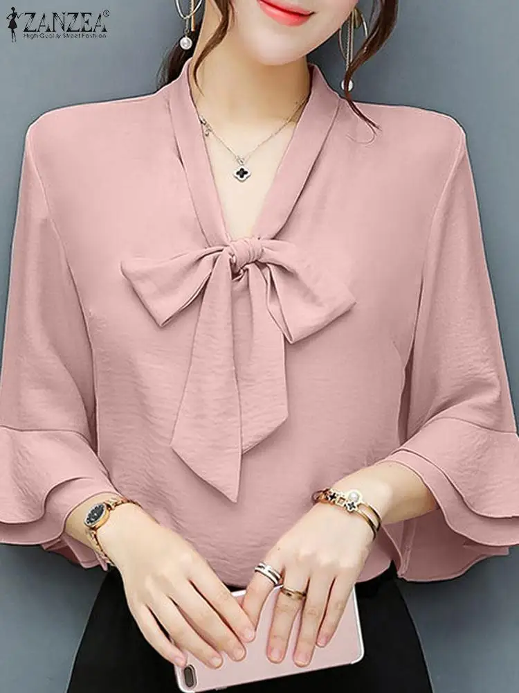 

Лето 2024, однотонная офисная блузка ZANZEA, модные женские топы на шнуровке с рукавом 3/4, элегантная Офисная Рабочая Рубашка, женская блузка, туника