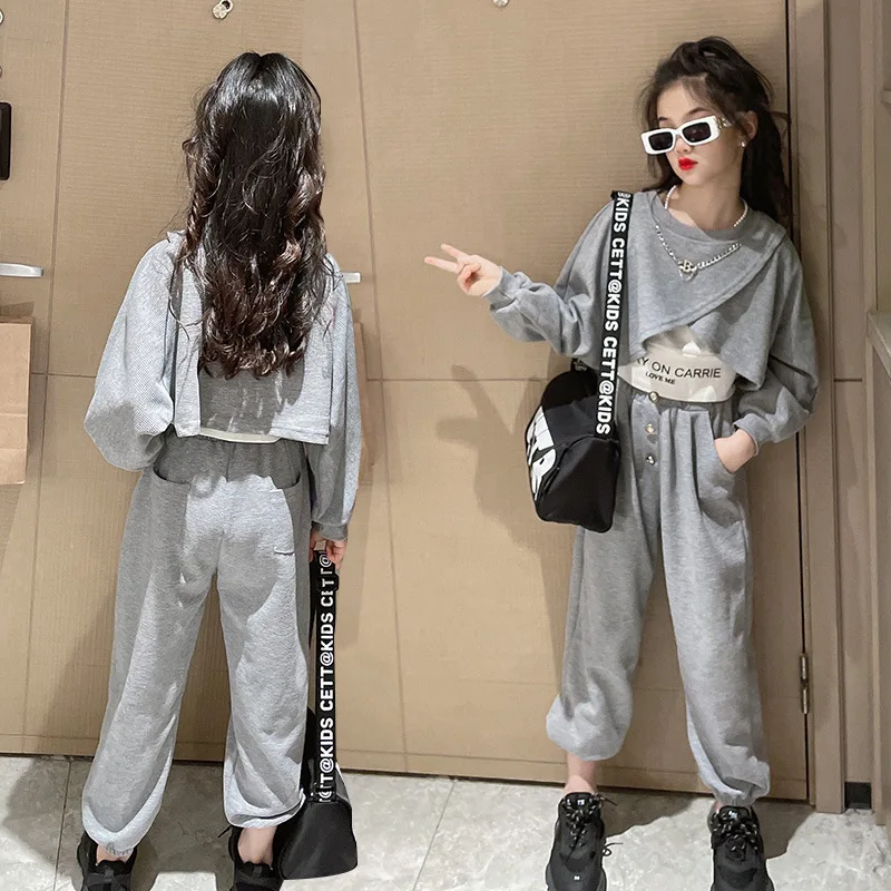 8 10 years Girls Sweatshirt Clothes Set 2023 Spring Fashion Casual 2 pieces  Teen Girl Grey Black Outfit Suits