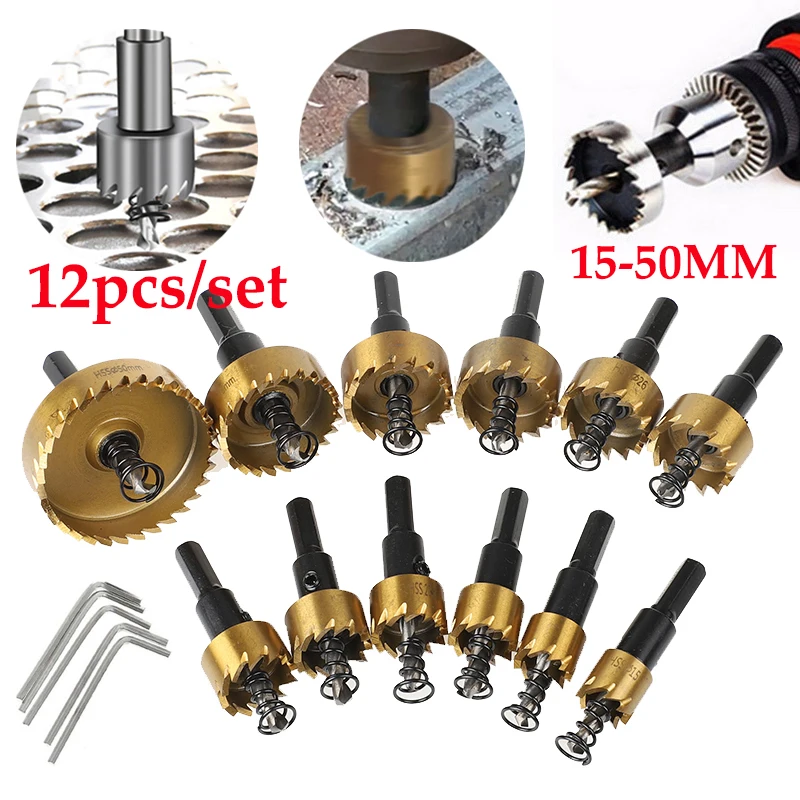 

12pcs 15-50mm Metal Drill Bit Set Wood Hole Saw Cutting Alloy Drill HSS Carbide Tip Iron Plate Opener for Metal Woodworking Tool