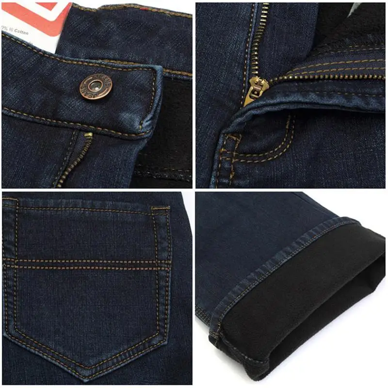 2023 New High Quality Men Winter Warm Fleece Boot Cut Jeans Business Casual Flare Pants Mid Waist Velvet Trousers 5