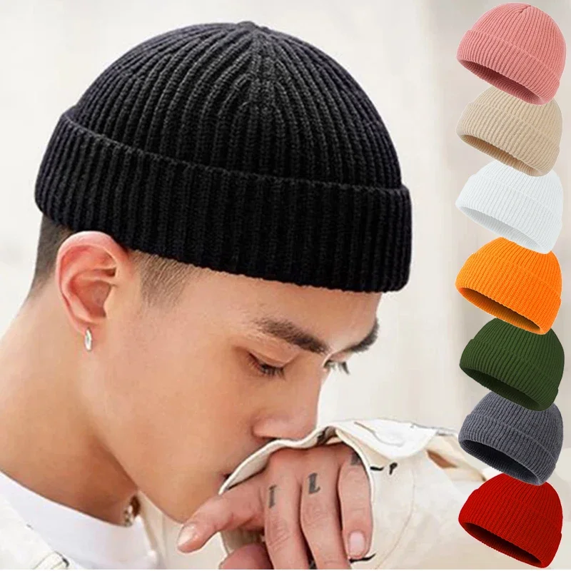 Men Fashion Knitted Hats Boy Skullcap Male Beanie Winter Retro Brimless  Baggy Melon Cap Cuff Docker Fisherman Accessories