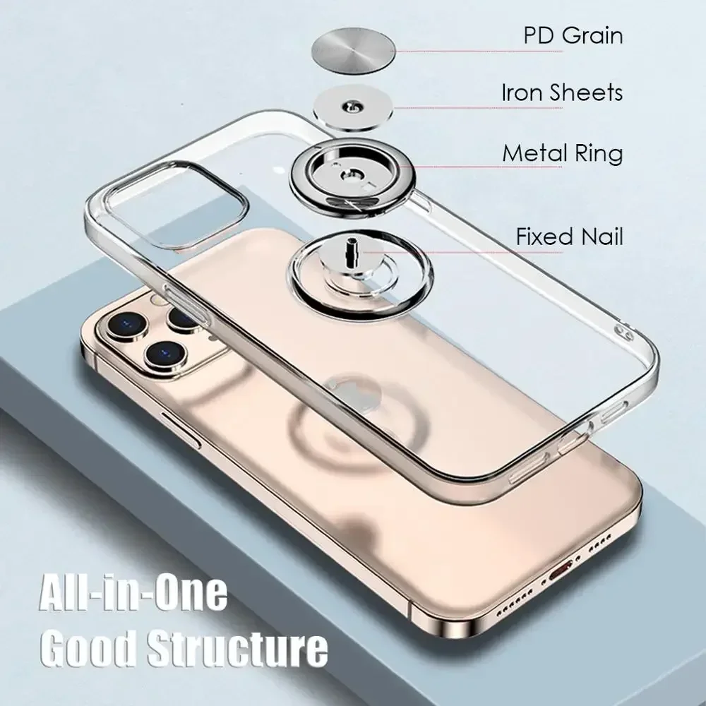 With Ring Stand Soft Transparent Case For iPhone 12 13 14 15 Pro Max Phone Cover For iPhone 7 8 Plus XR XS Max Magnetic Car Case 2