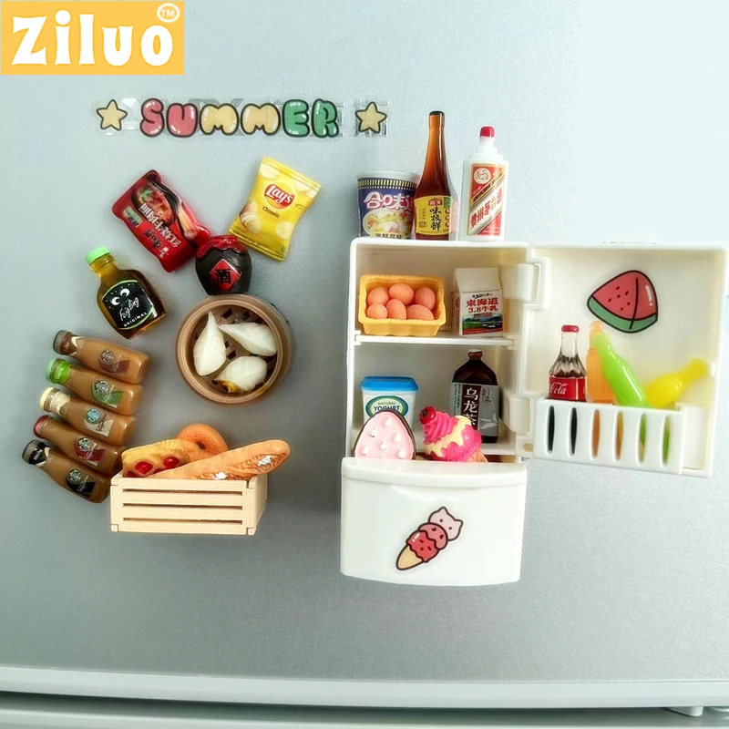 

1/12 Dollhouse Miniature Food Drinks Refrigerator Items Model Mini Doll Kitchen Accessories Toys for Girls Bread Beer Bottle Egg