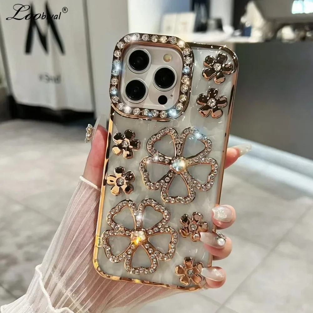 Iphone case Phone case Glitter Diamond Flower Plating Case for iPhone 16 15 14 Pro Max 12 13 11 X Xr Xs 7 8 Plus Bling Rhinestone Soft TPU Clear Cover
