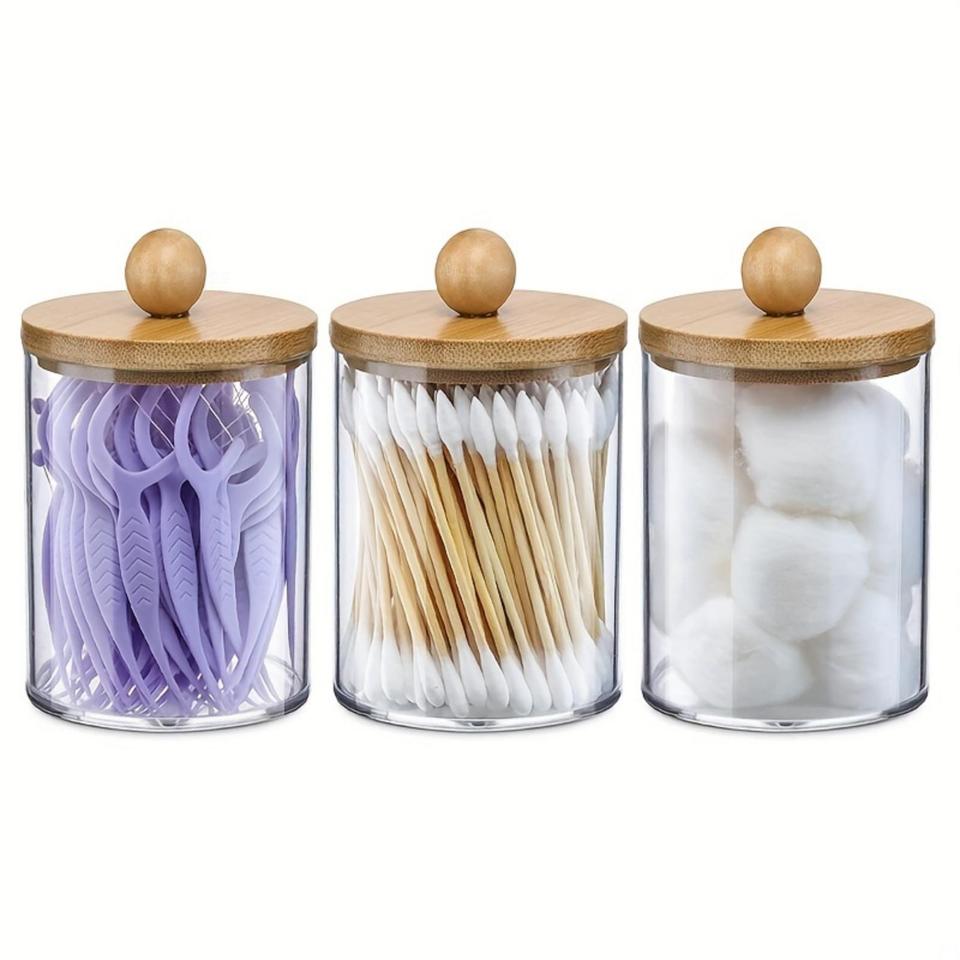 3 Pack Cotton Swab Organizer with Bamboo Lids - 10 oz Clear Plastic Apothecary Jar Containers for Vanity Makeup Organizer