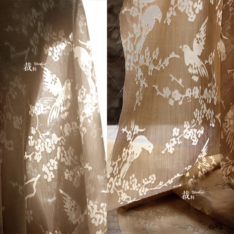 Flower and Birds Burning Flowers Hollow Perspective Fabric Retro Skirt Shirt Clothing Designer Fabric