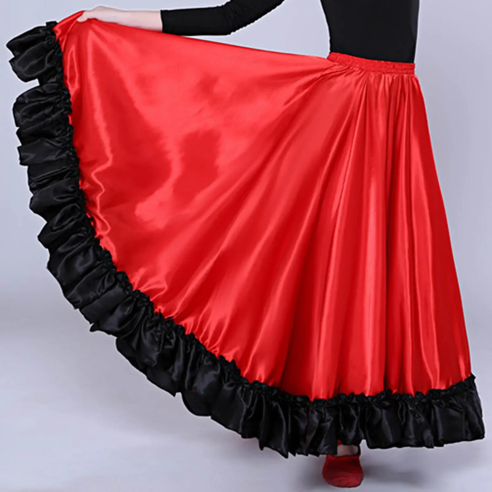 Kids Girls Spanish Paso Doble Matado Skirt Flamenco Latin Dance Stage Performance Costume Big Swing Ruffled Hem Skirt Dancewear kids flamenco skirt