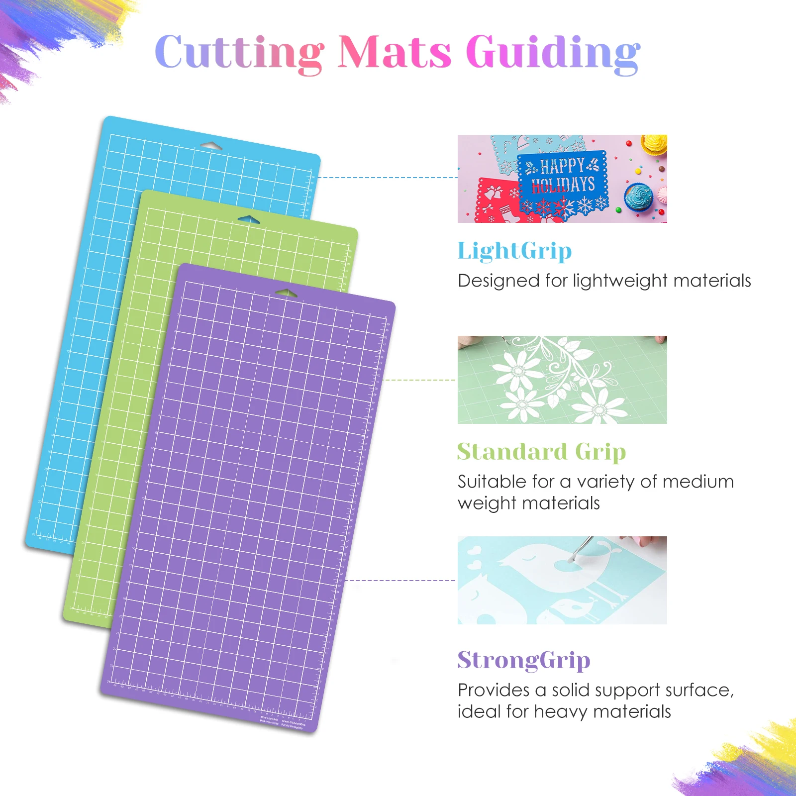 3 Pcs Cutting Mat For Cricut12x24(StandardGrip, LightGrip, StrongGrip) For Cricut Explore Air 2/Air/One/Maker