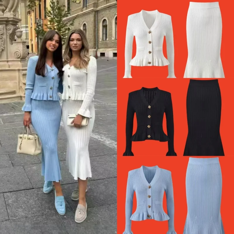 أنيقة محبوك قطعتين مجموعات النساء كشكش الخامس الرقبة واحدة الصدر سترة أعلى عالية الخصر ذيل السمكة تنورة خمر الدعاوى